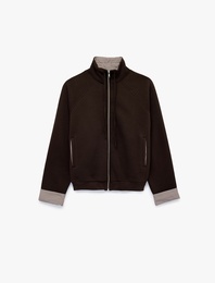 Şardonlu Ekose Detaylı Dik Yaka Fermuarlı Reglan Kollu Sweatshirt