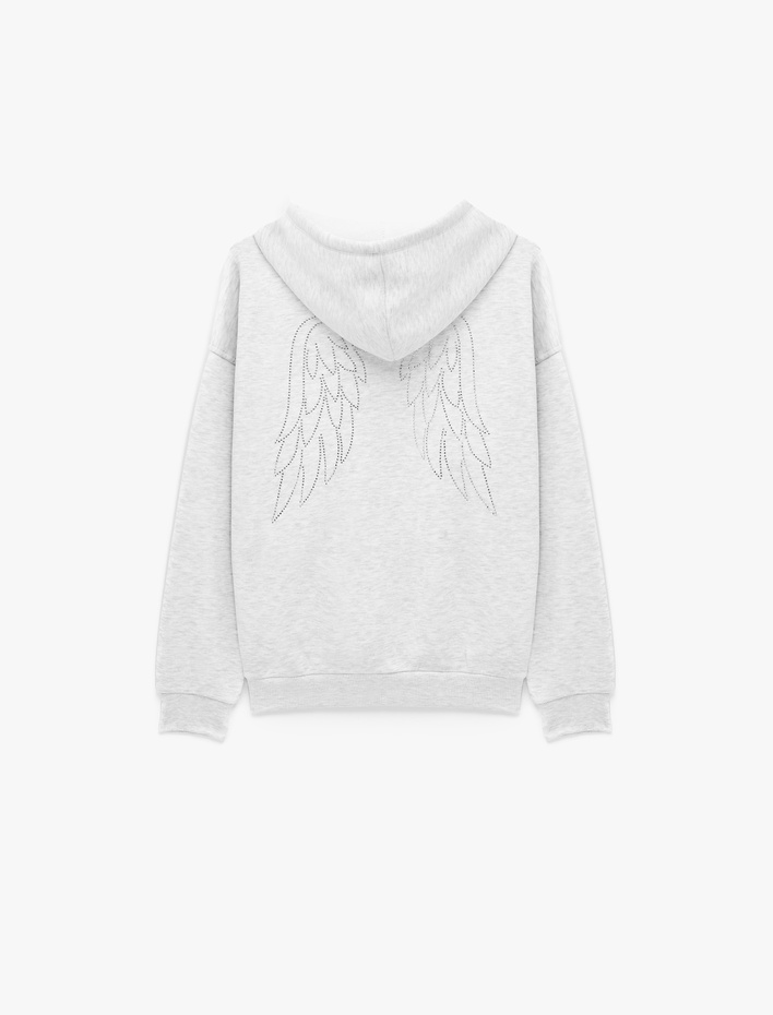  Rahat Kalıp Şardonlu Kanguru Cepli Fermuarlı Kapüşonlu Arkası Kanat Baskılı Sweatshirt