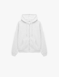 Rahat Kalıp Şardonlu Kanguru Cepli Fermuarlı Kapüşonlu Arkası Kanat Baskılı Sweatshirt