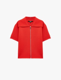 Regular Fit Fermuarlı Devrik Yaka Kısa Kollu Triko Hırka