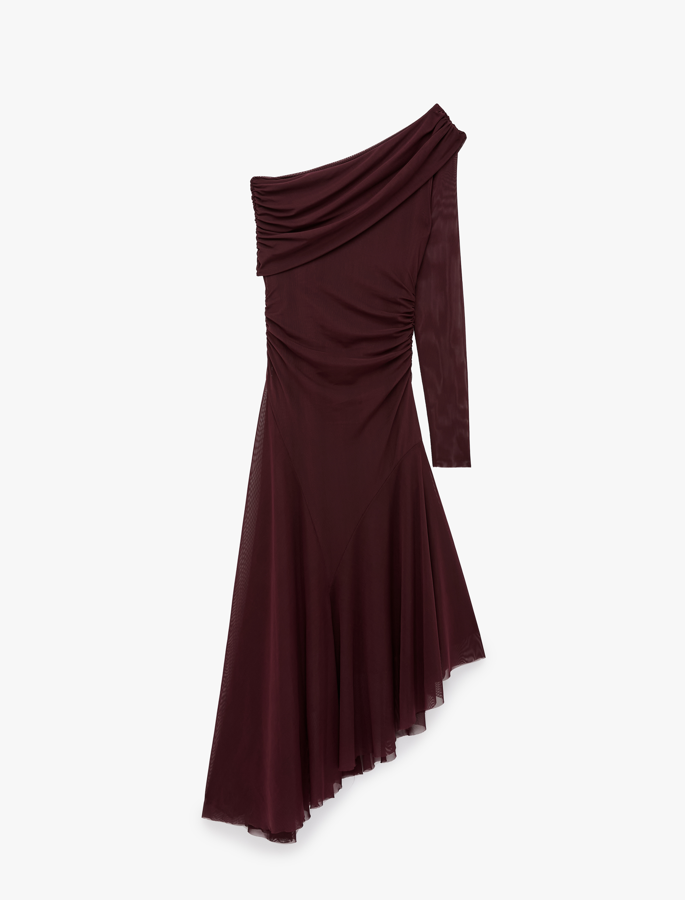   Asimetrik Kesim Drape Detaylı Volümlü Uzun Kollu Tek Omuz Tül Elbise