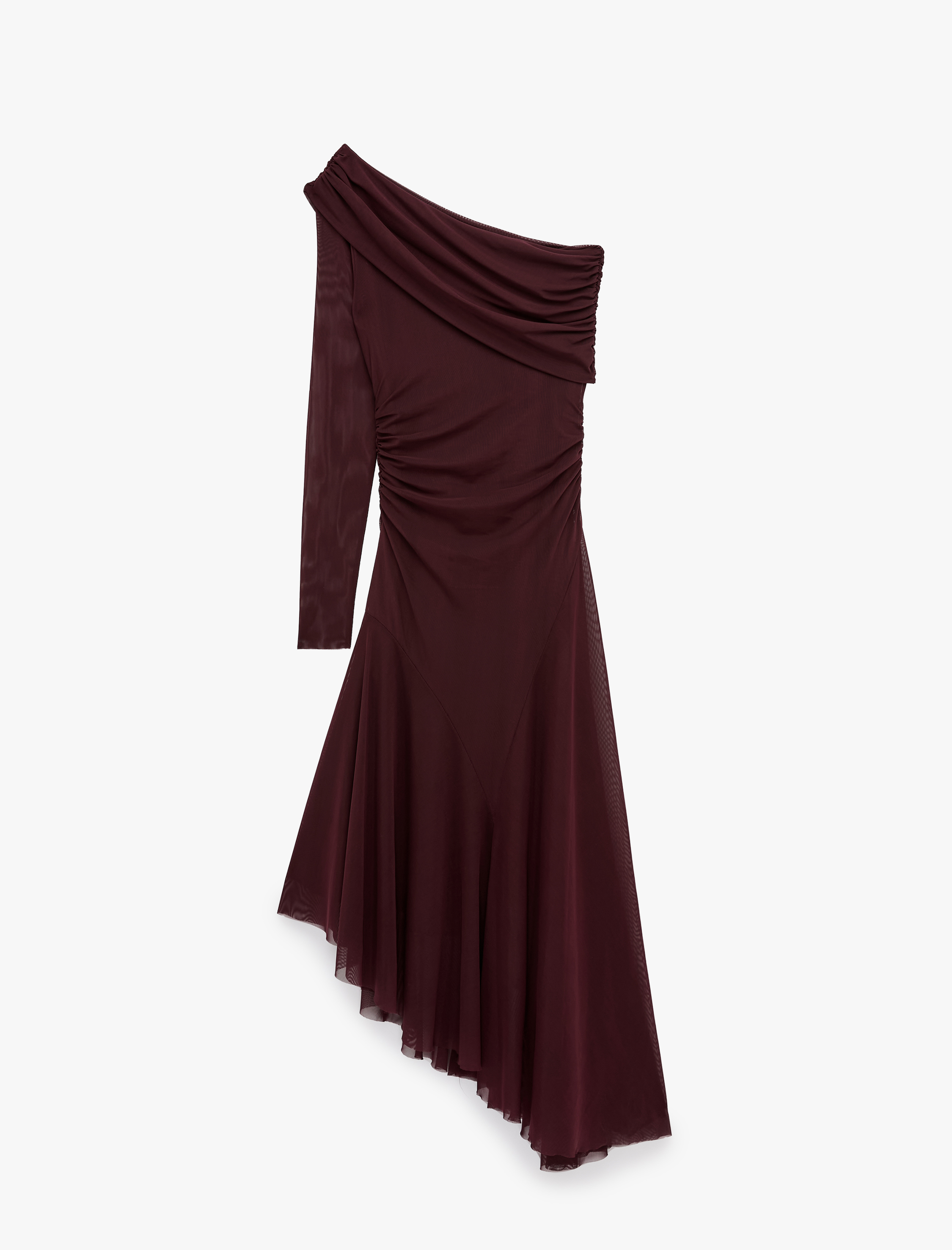   Asimetrik Kesim Drape Detaylı Volümlü Uzun Kollu Tek Omuz Tül Elbise