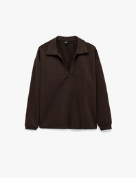 Modal Kumaş Polo Yaka Uzun Kollu Boxy Sweatshirt