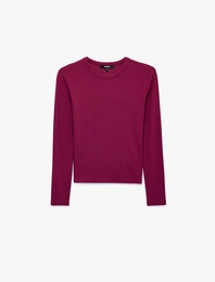Slim Fit Kaşkorse Pamuk Karışımlı Bisiklet Yaka Uzun Kollu Basic Tişört