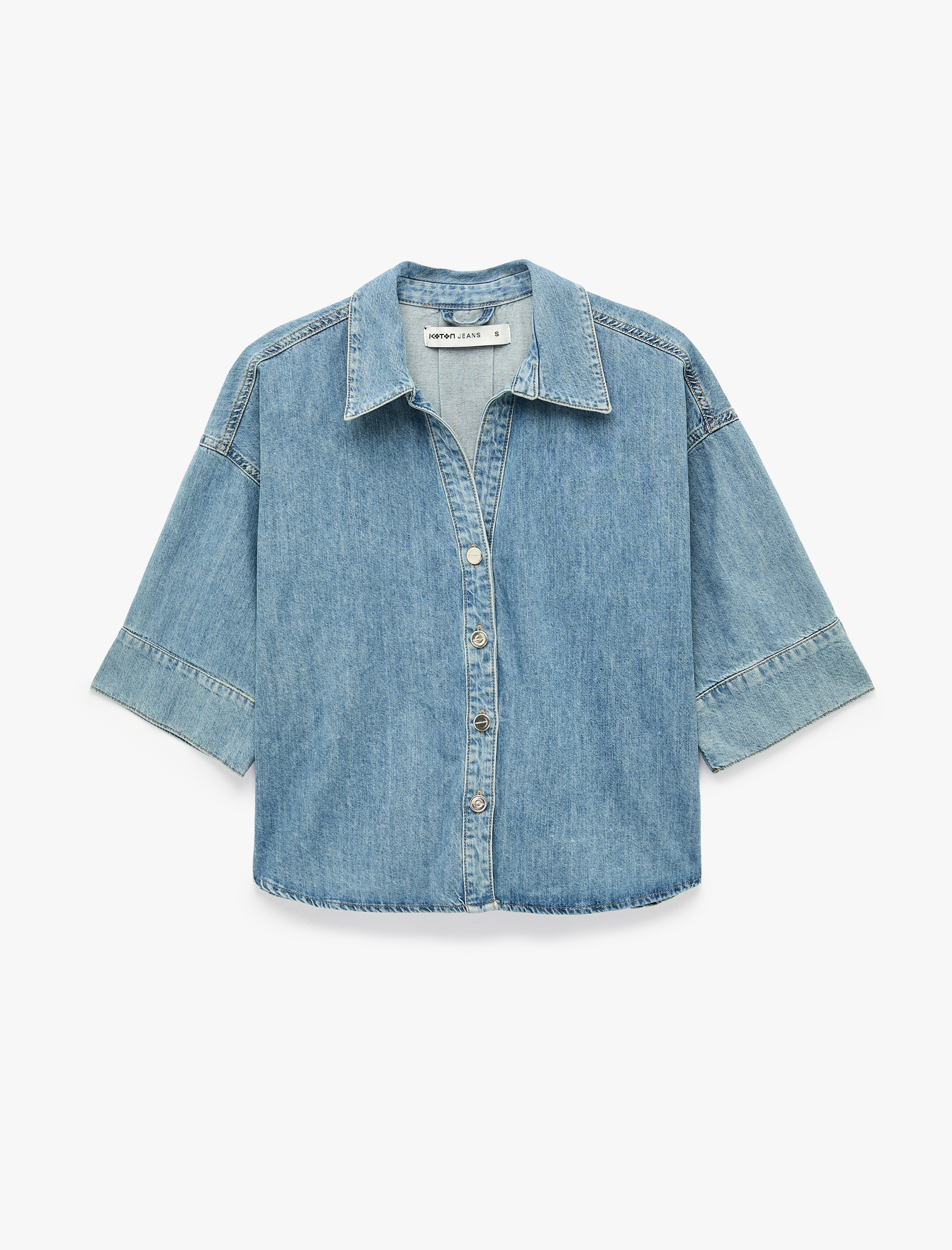 Koton Oversize V Yaka Pamuklu Yarım Kollu Jean Gömlek görsel 3