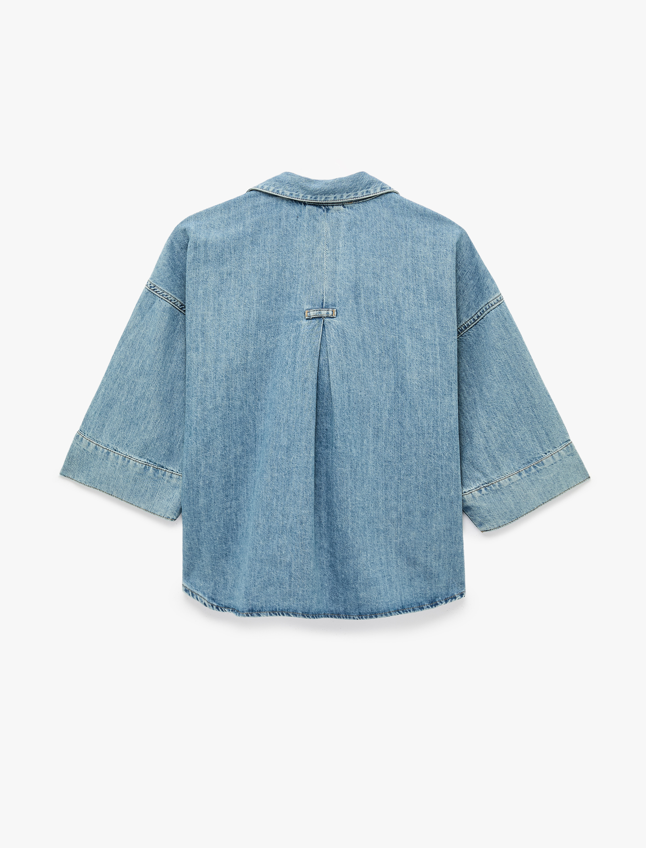 Koton Oversize V Yaka Pamuklu Yarım Kollu Jean Gömlek görsel 4