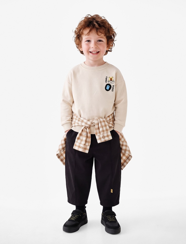 Erkek Bebek Hayvan Detaylı Arkası Baskılı Şardonlu Bisiklet Yaka Uzun Kollu Sweatshirt