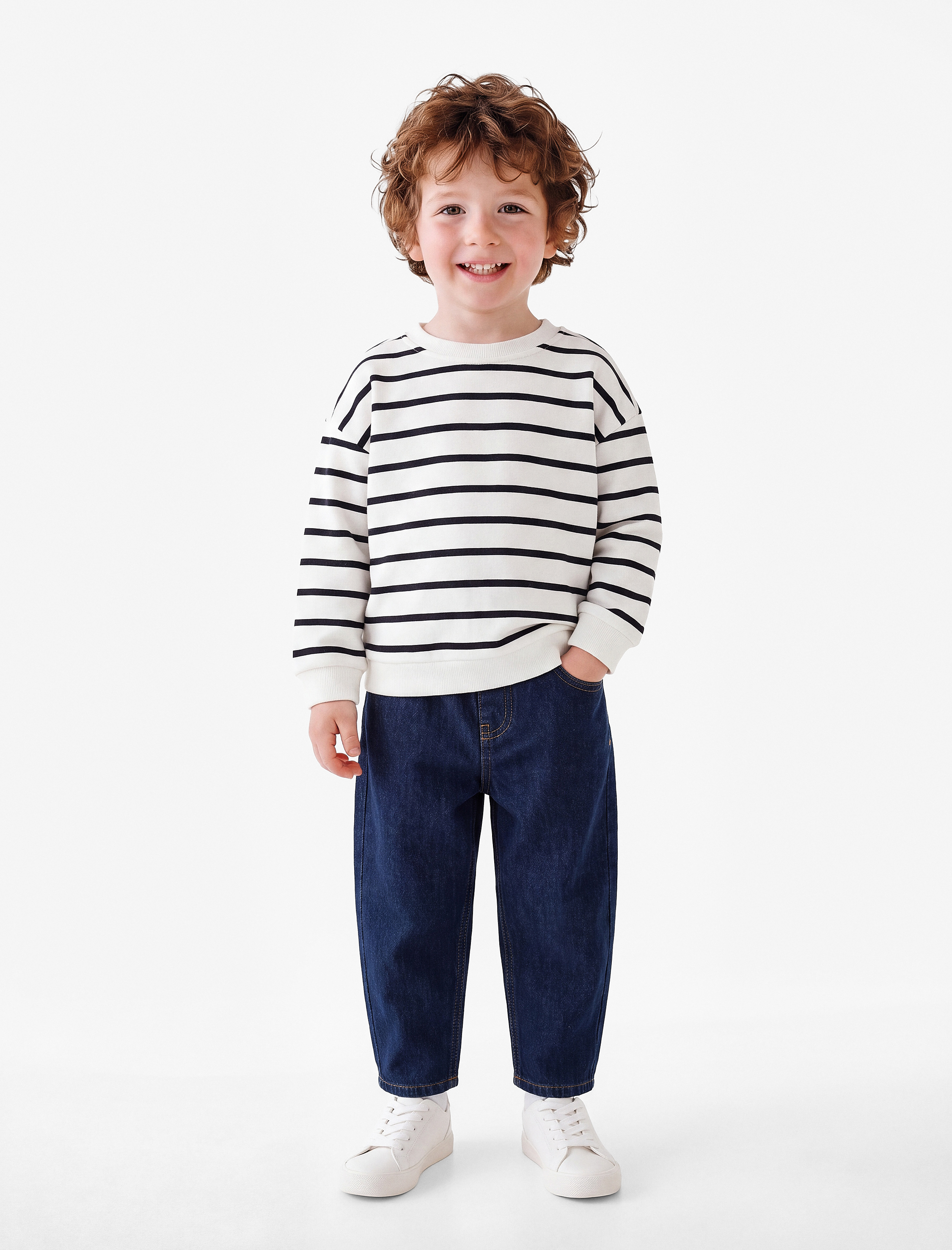  Erkek Bebek Bisiklet Yaka Uzun Kollu Çizgili Oversize Sweatshirt