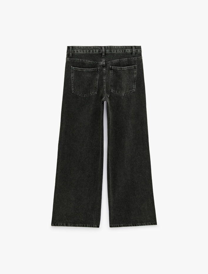  Düşük Bel Cepli Bol Kesim Düz Paça Pamuklu Denim Pantolon - Loose Straight Fit Jean