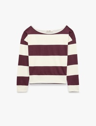 Şardonlu Rahat Kalıp Kayık Yaka Omzu Açık Çizgili Sweatshirt