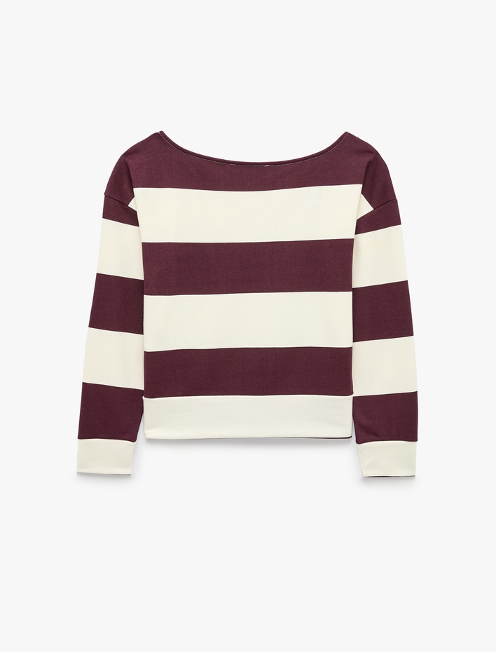  Şardonlu Rahat Kalıp Kayık Yaka Omzu Açık Çizgili Sweatshirt