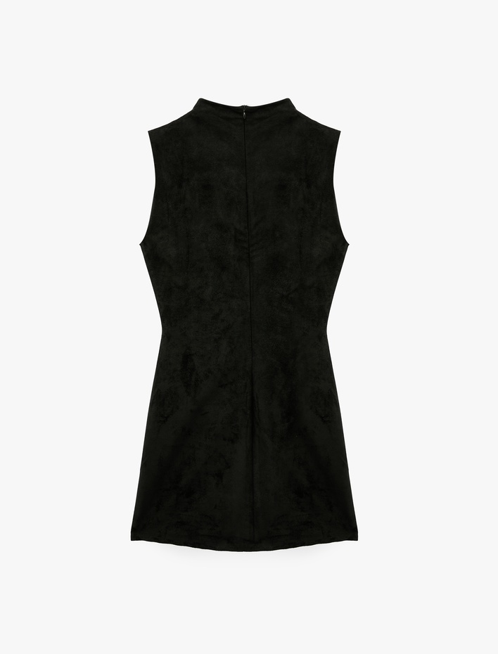  Drapeli Dar Kesim Kolsuz Bodycon Dik Yaka Mini Elbise