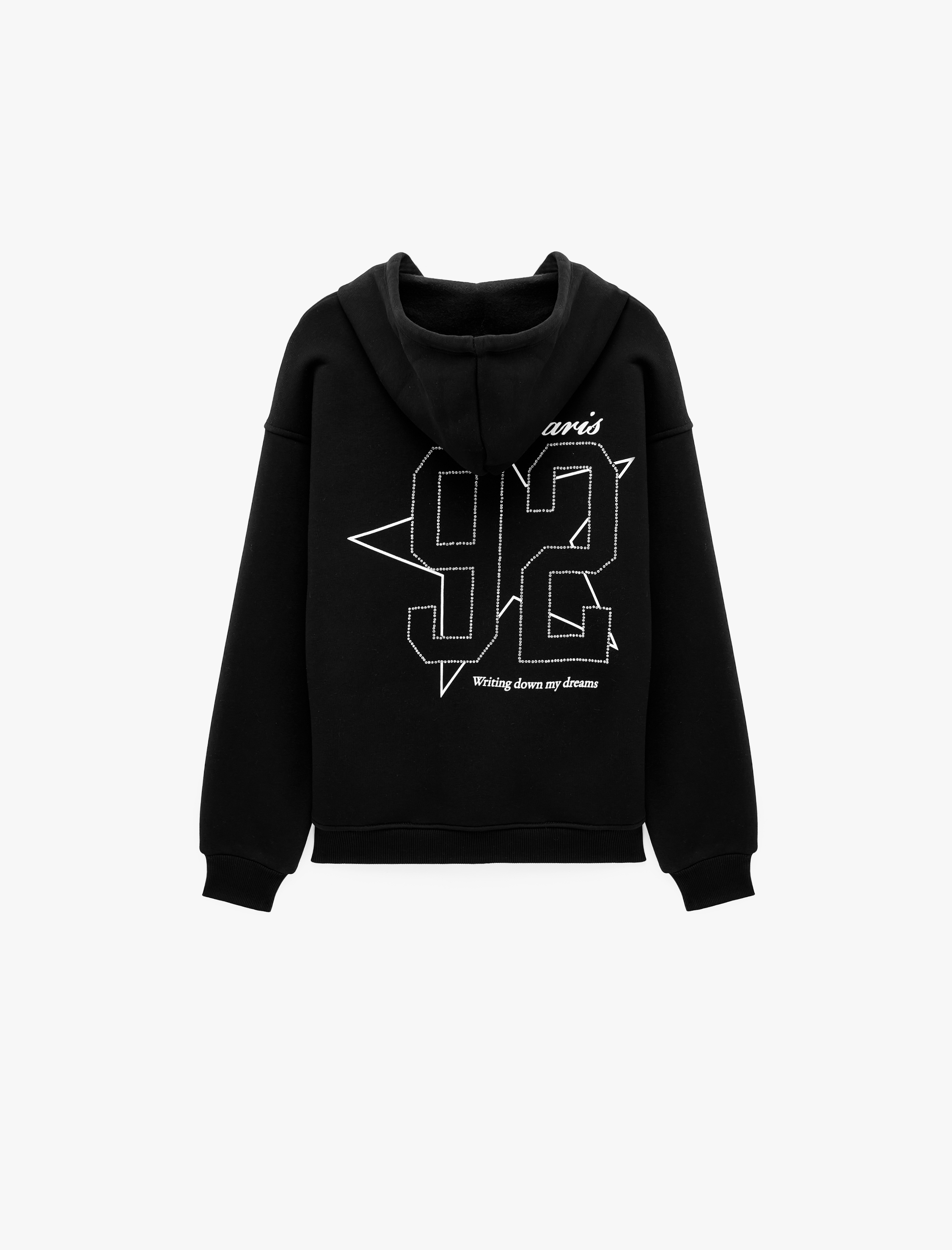   Arkası İşlemeli Taş Detaylı Pamuklu Kapüşonlu Fermuarlı Kanguru Cepli Sweatshirt