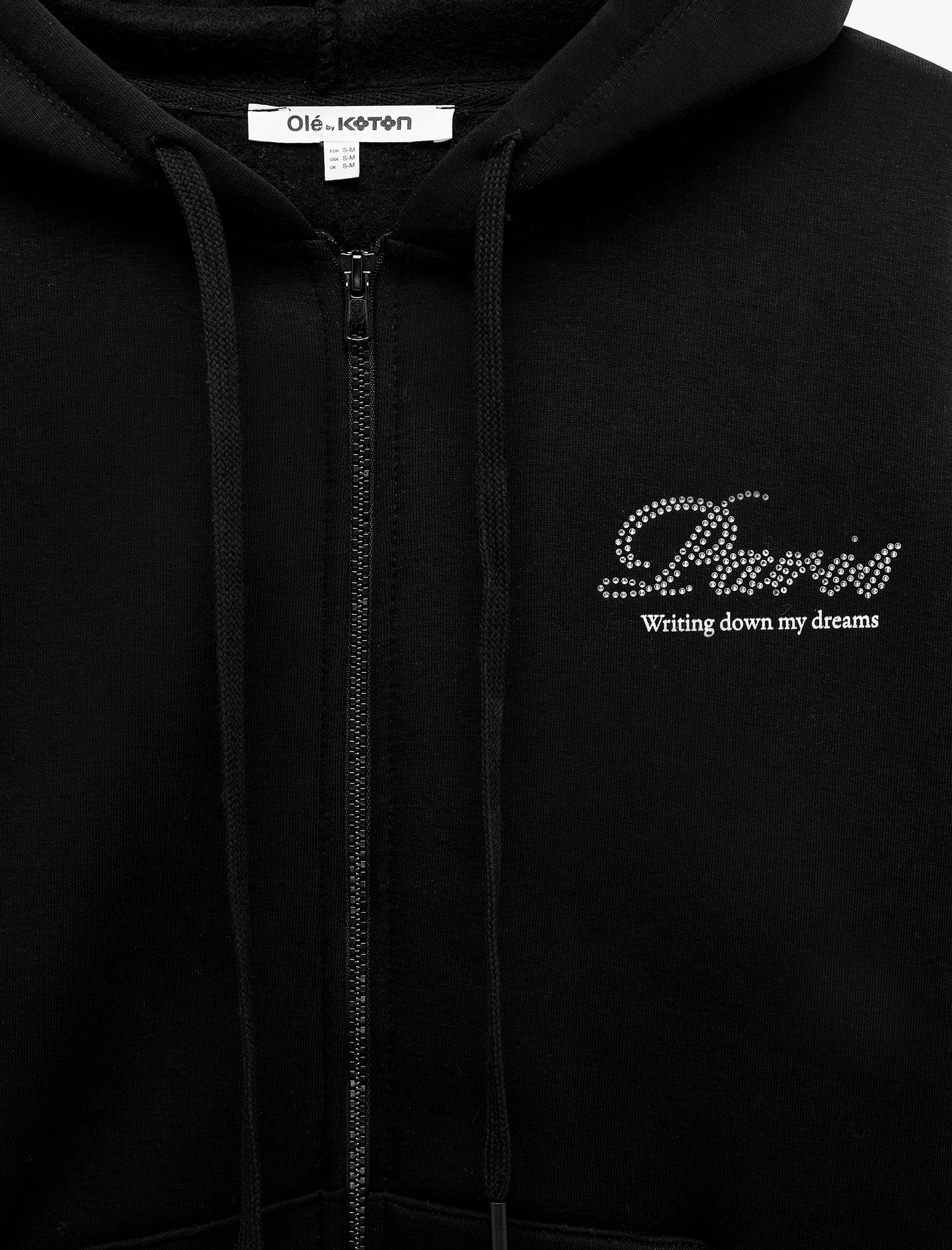   Arkası İşlemeli Taş Detaylı Pamuklu Kapüşonlu Fermuarlı Kanguru Cepli Sweatshirt