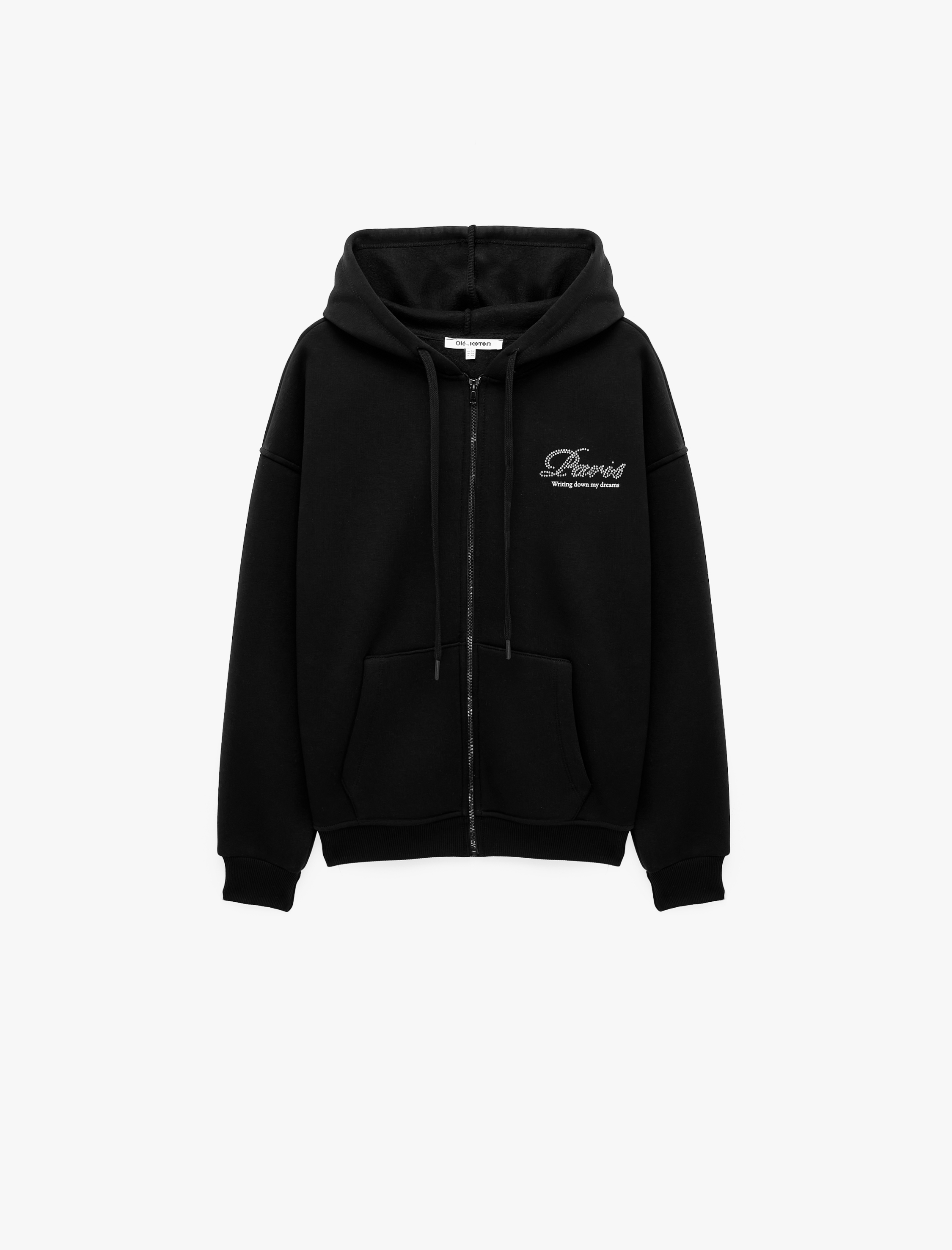   Arkası İşlemeli Taş Detaylı Pamuklu Kapüşonlu Fermuarlı Kanguru Cepli Sweatshirt