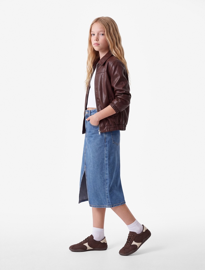 Kız Çocuk Pamuklu Cep Detaylı Yırtmaçlı Midi Denim Etek