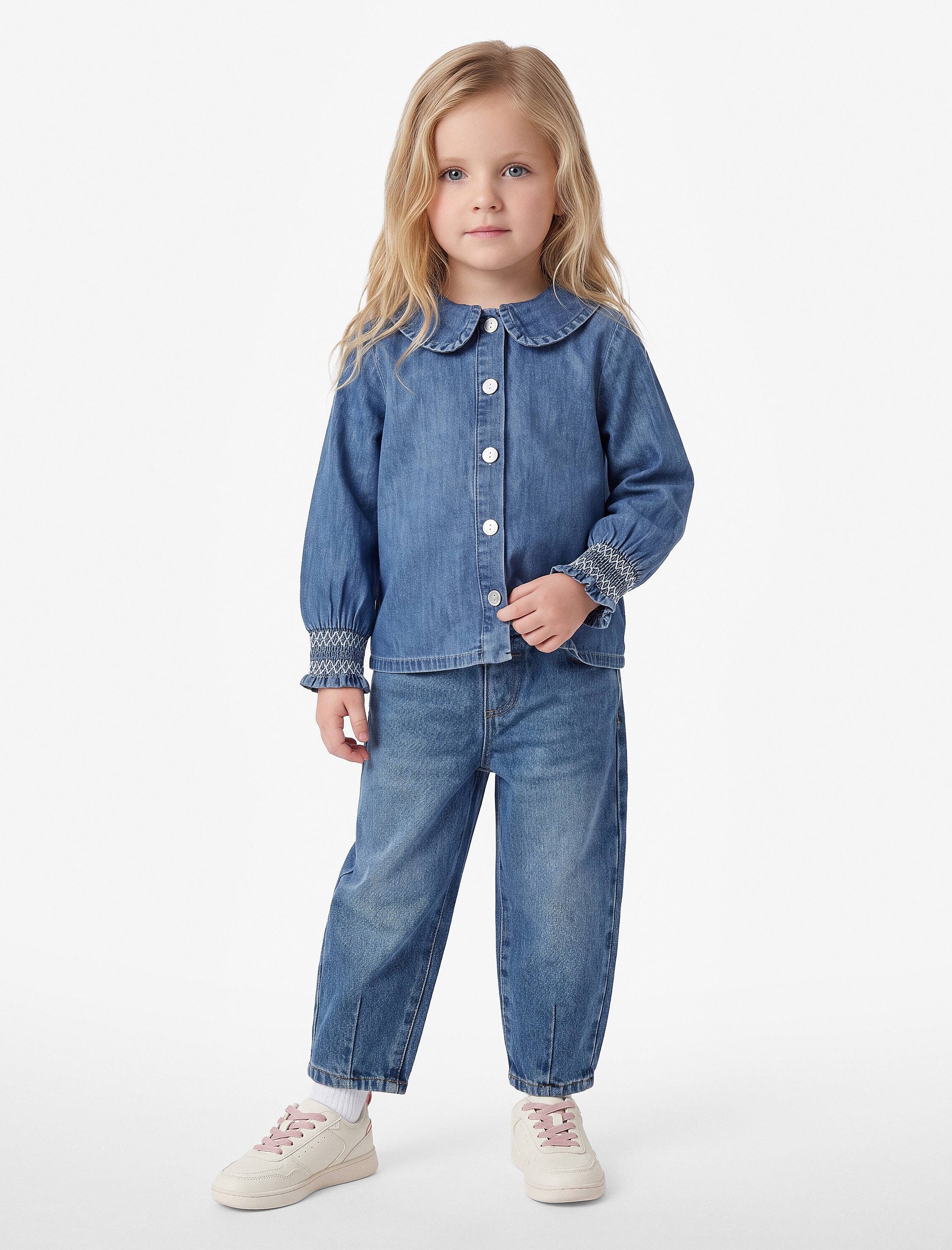  Kız Bebek Pamuklu Uzun Kollu Bebe Yaka Denim Gömlek
