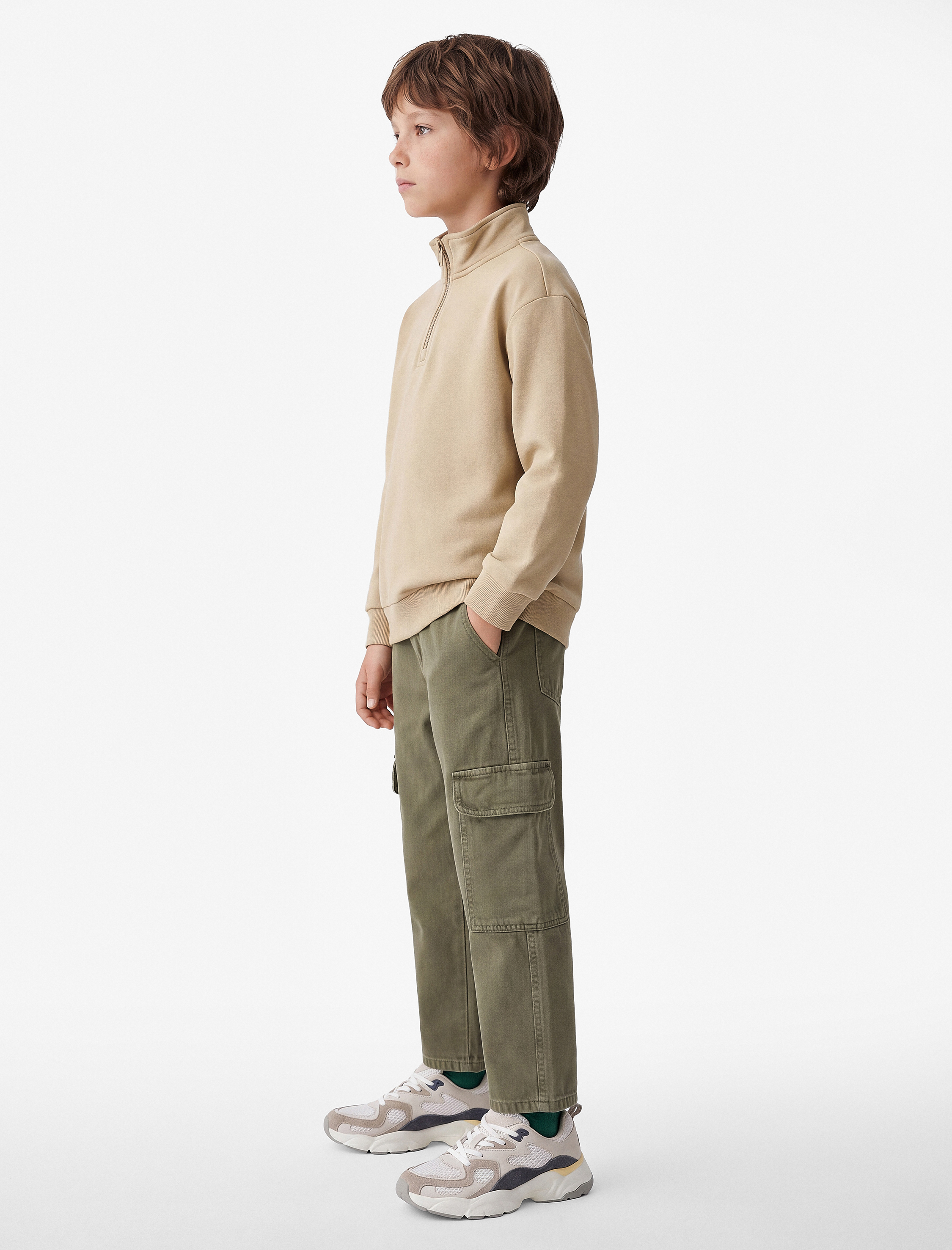  Erkek Çocuk Dik Yaka Uzun Kollu Yarım Fermuarlı Pamuklu Basic Şardonlu Sweatshirt