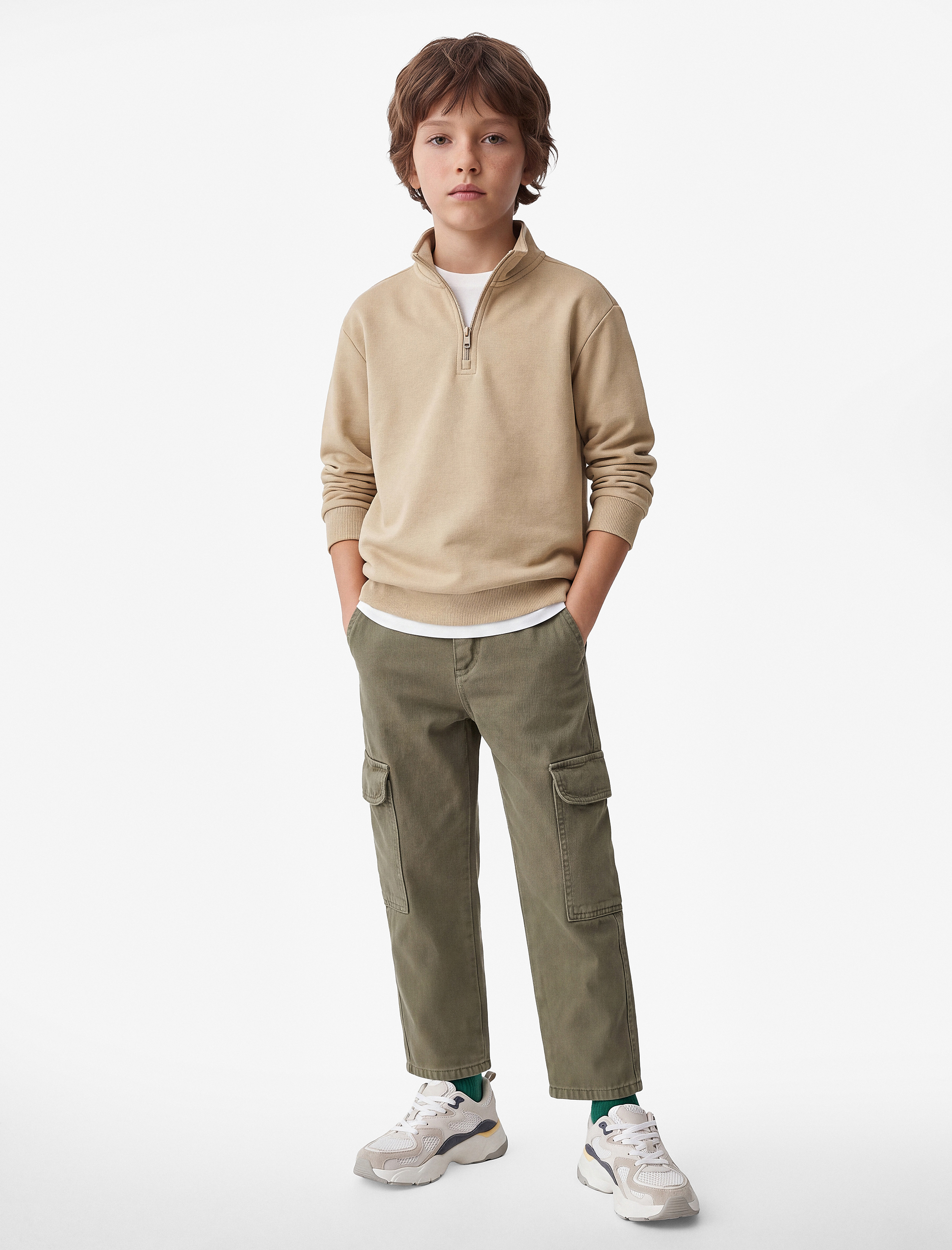  Erkek Çocuk Dik Yaka Uzun Kollu Yarım Fermuarlı Pamuklu Basic Şardonlu Sweatshirt