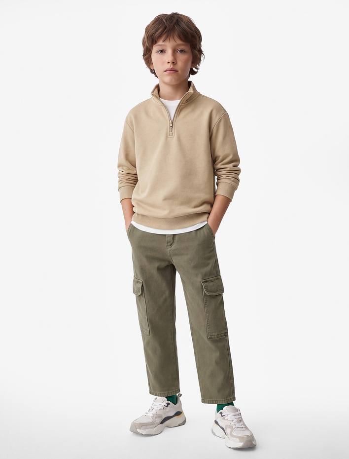 Erkek Çocuk Dik Yaka Uzun Kollu Yarım Fermuarlı Pamuklu Basic Şardonlu Sweatshirt
