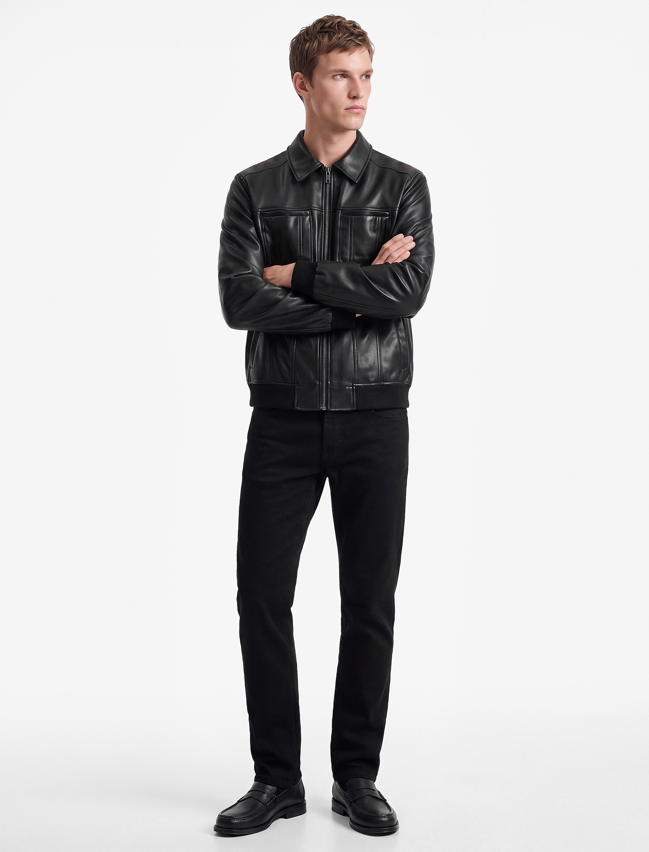   Slim Fit Gömlek Yaka Fermuarlı Cepli Suni Deri Ceket