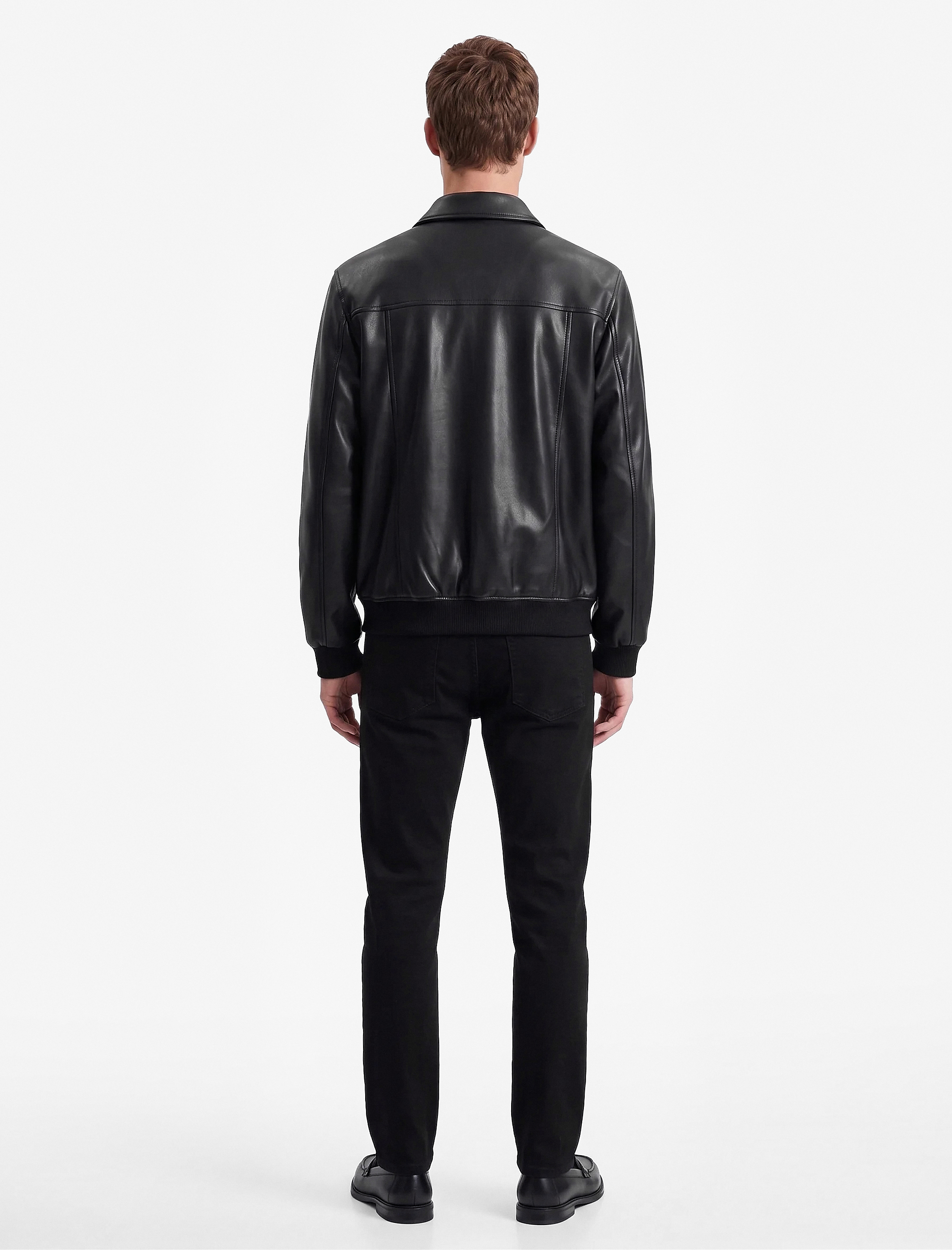   Slim Fit Gömlek Yaka Fermuarlı Cepli Suni Deri Ceket
