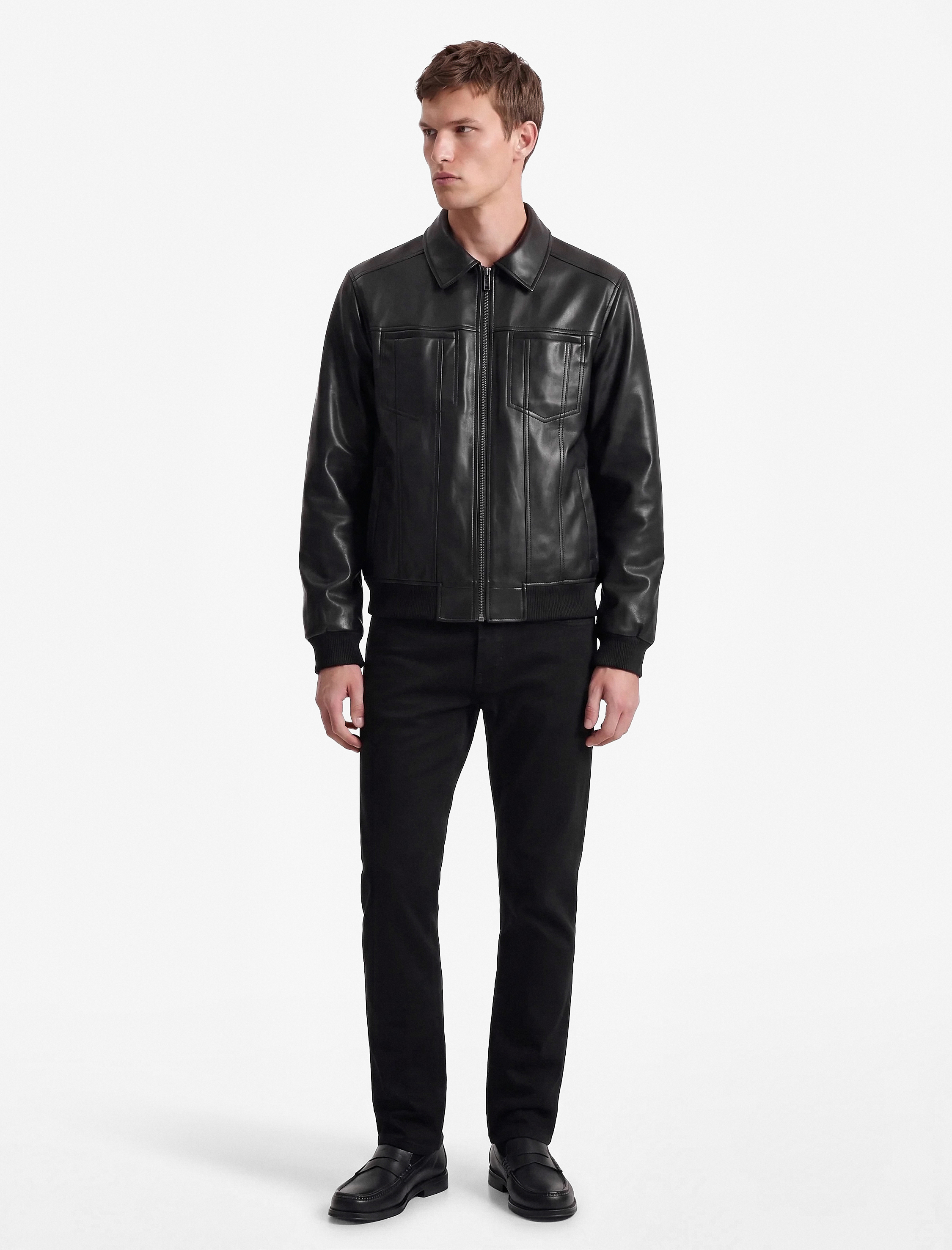   Slim Fit Gömlek Yaka Fermuarlı Cepli Suni Deri Ceket