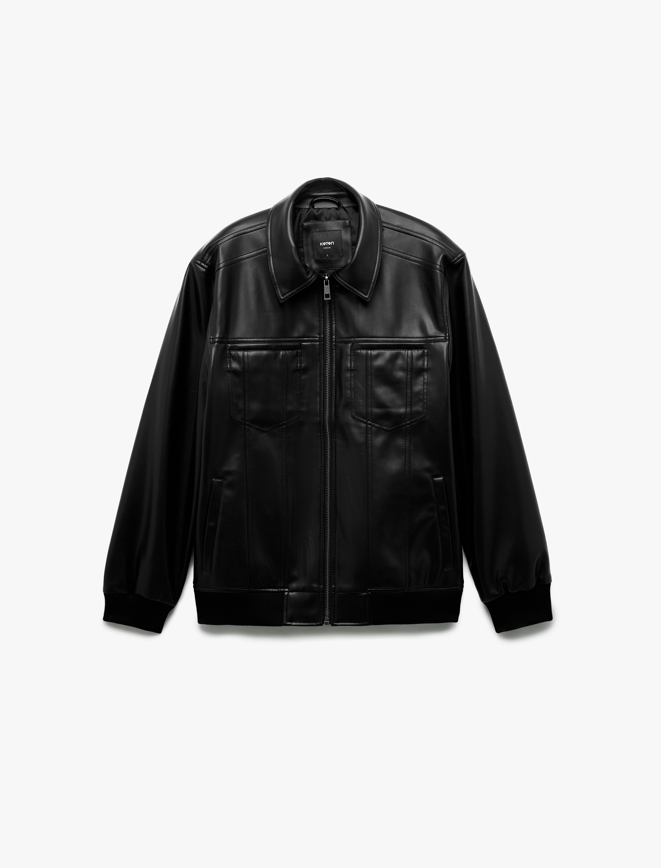   Slim Fit Gömlek Yaka Fermuarlı Cepli Suni Deri Ceket