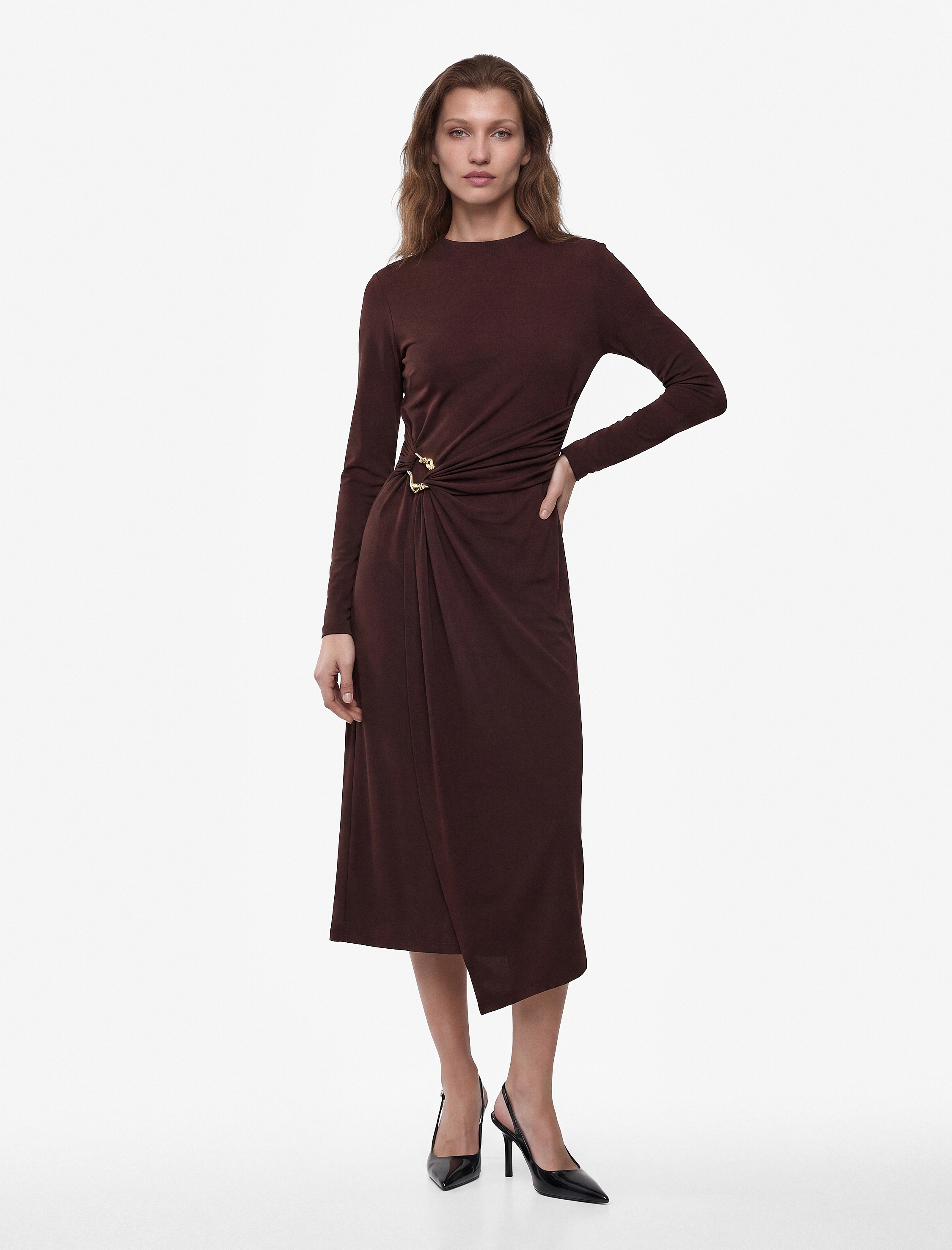 Koton X Sibil Çetinkaya - Uzun Kollu Dik Yaka Metal Aksesuarlı Slim Fit Maxi Elbise