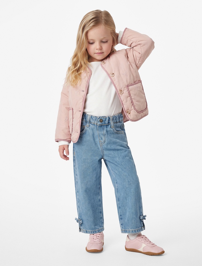 Kız Bebek Fiyonk Detaylı Loose Fit Pamuklu Denim Pantolon