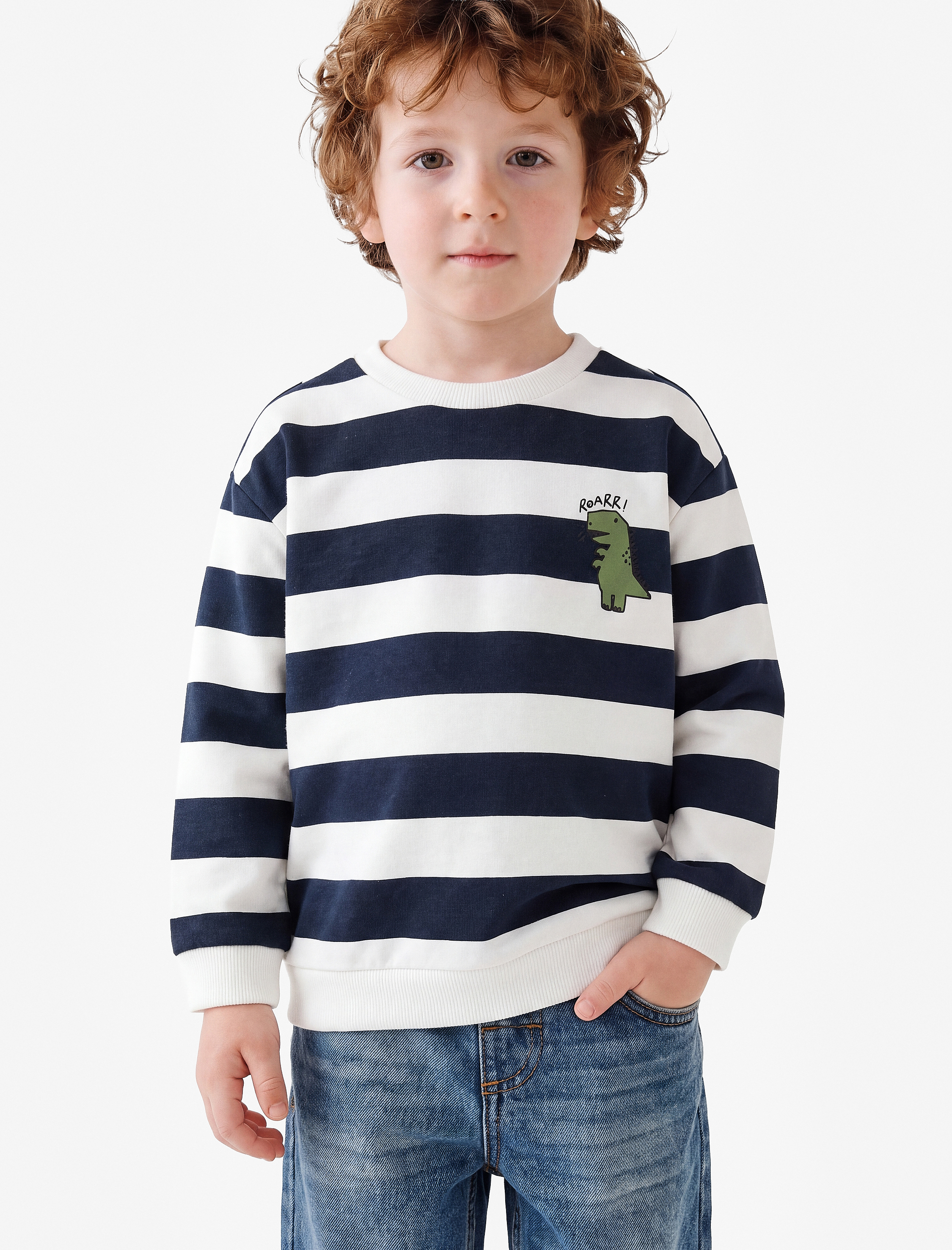  Erkek Bebek Uzun Kollu Bisiklet Yaka Şardonlu Pamuklu Çizgili Sweatshirt