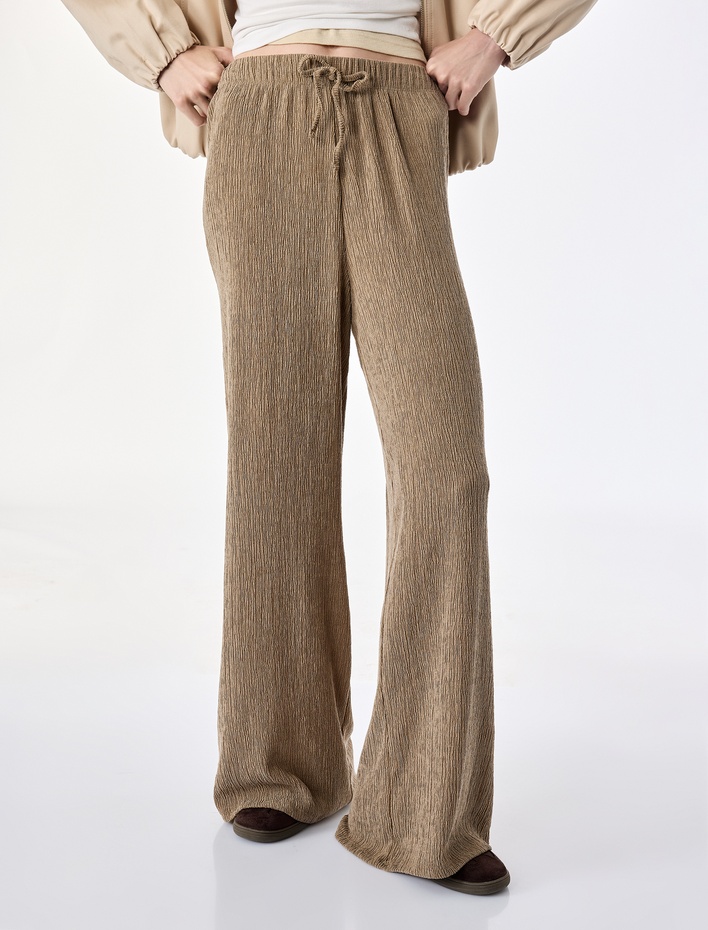  Bürümcük Kumaş Dokulu Beli Bağcıklı Bol Paça Pantolon