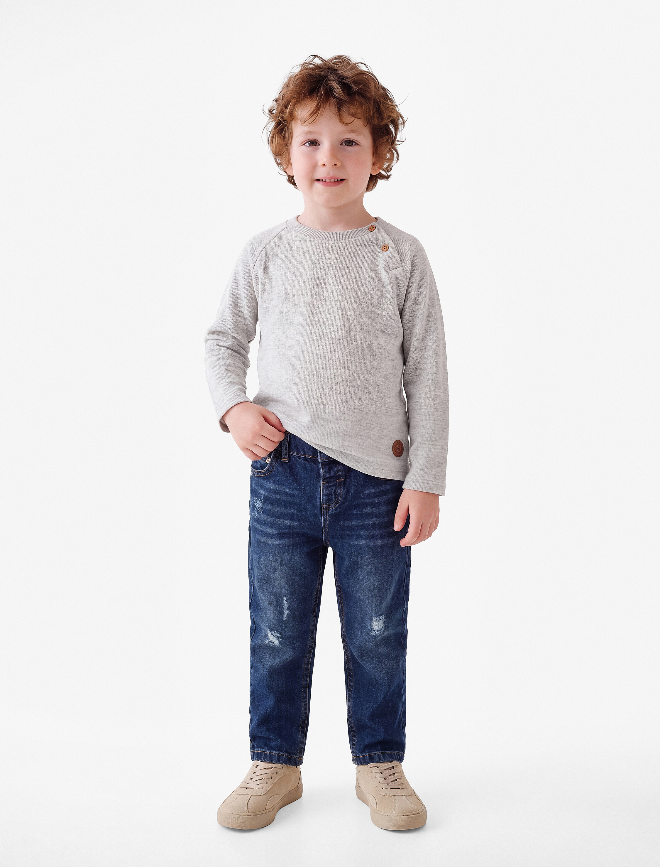  Erkek Bebek Düğmeli Uzun Kollu Bisiklet Yaka Pamuklu Sweatshirt