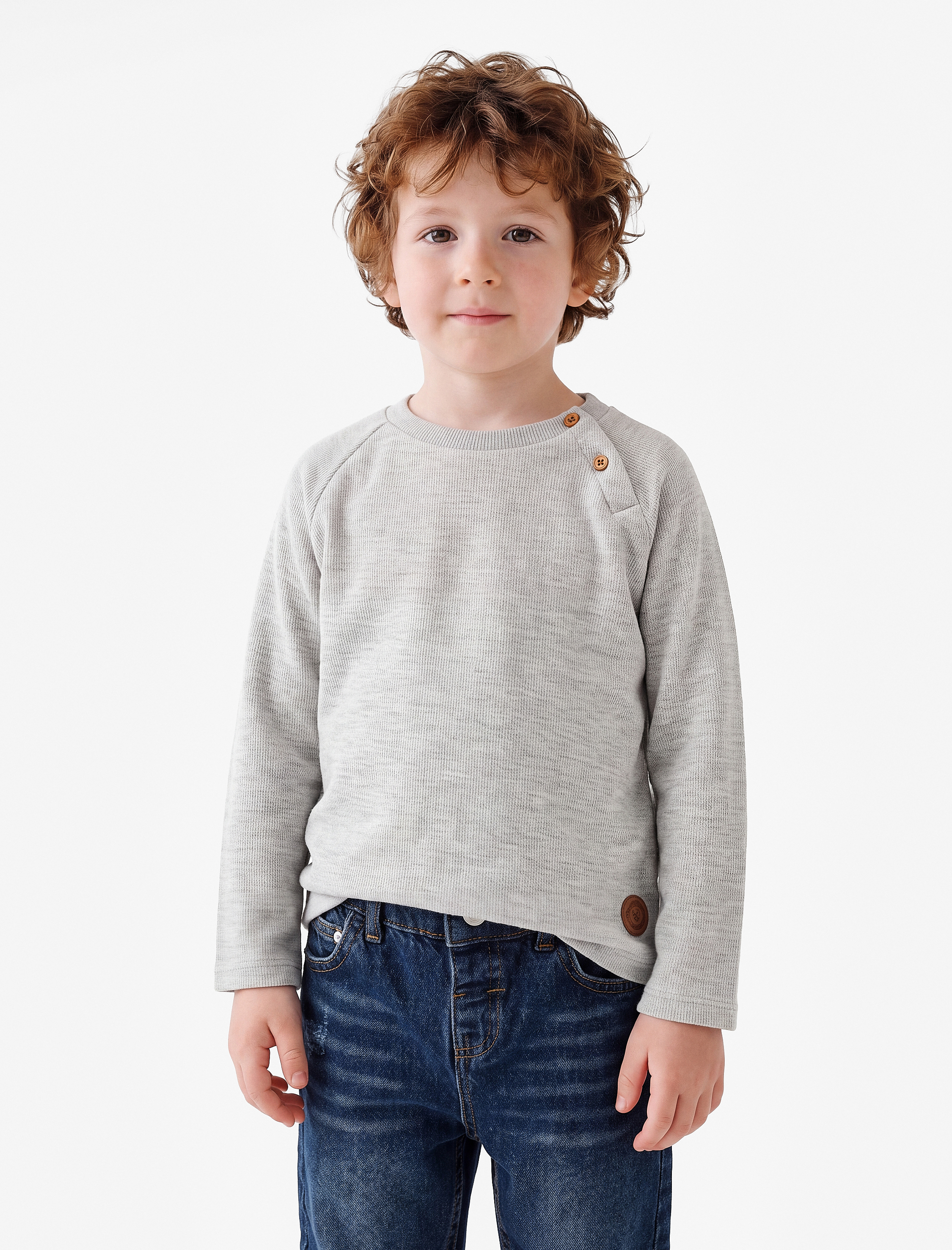  Erkek Bebek Düğmeli Uzun Kollu Bisiklet Yaka Pamuklu Sweatshirt