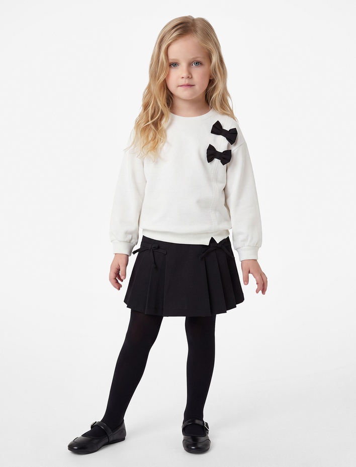 Kız Bebek Pamuklu Bisiklet Yaka Uzun Kollu Şardonlu Fiyonklu Sweatshirt
