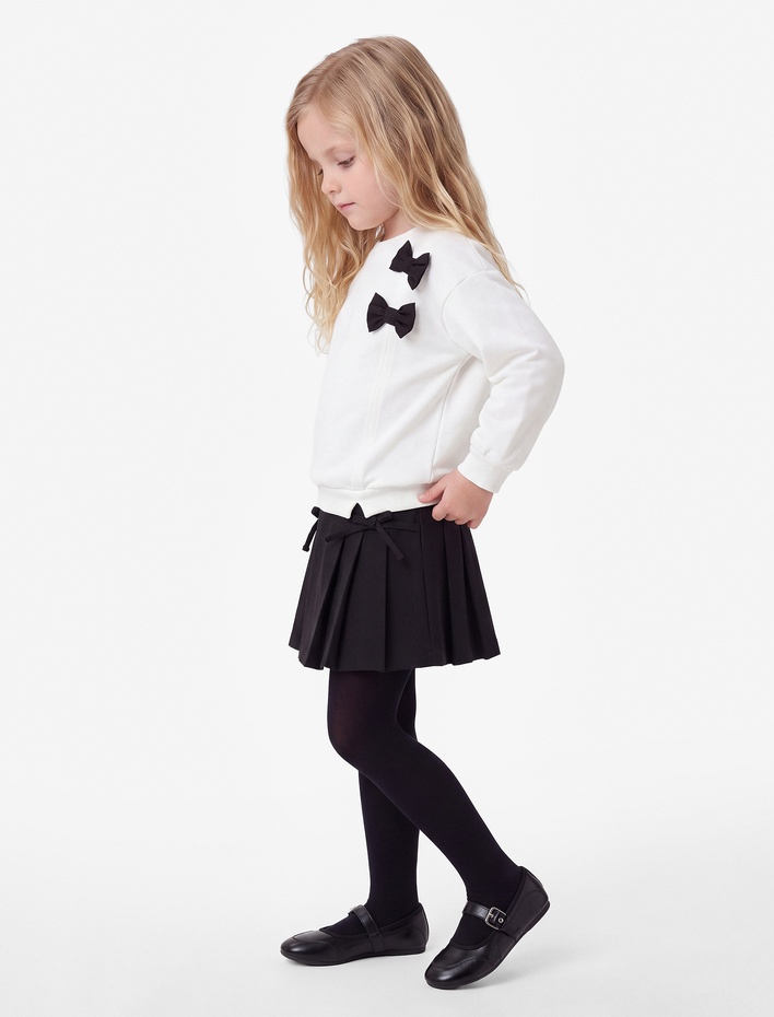 Kız Bebek Pamuklu Bisiklet Yaka Uzun Kollu Şardonlu Fiyonklu Sweatshirt