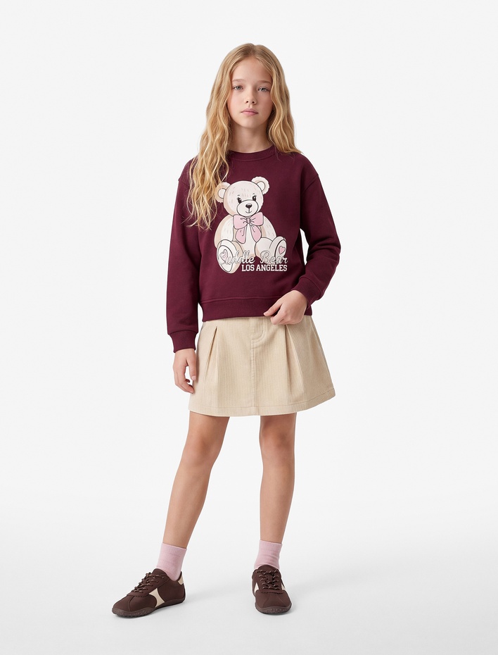 Kız Çocuk Bisiklet Yaka Uzun Kollu Ayıcık Baskılı Sweatshirt