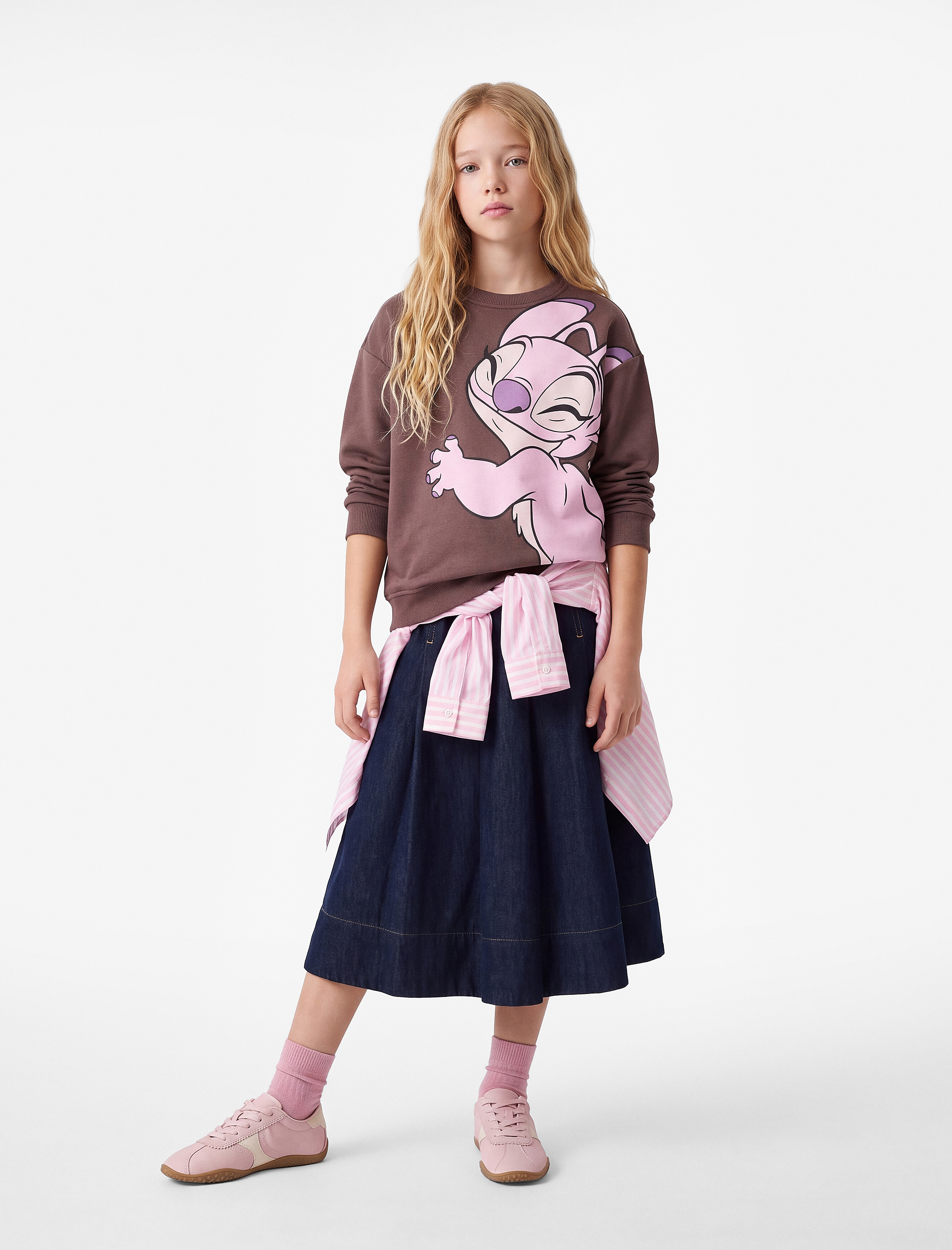  Kız Çocuk Lisanslı Şardonlu Uzun Kollu Bisiklet Yaka Stitch Baskılı Oversize Sweatshirt
