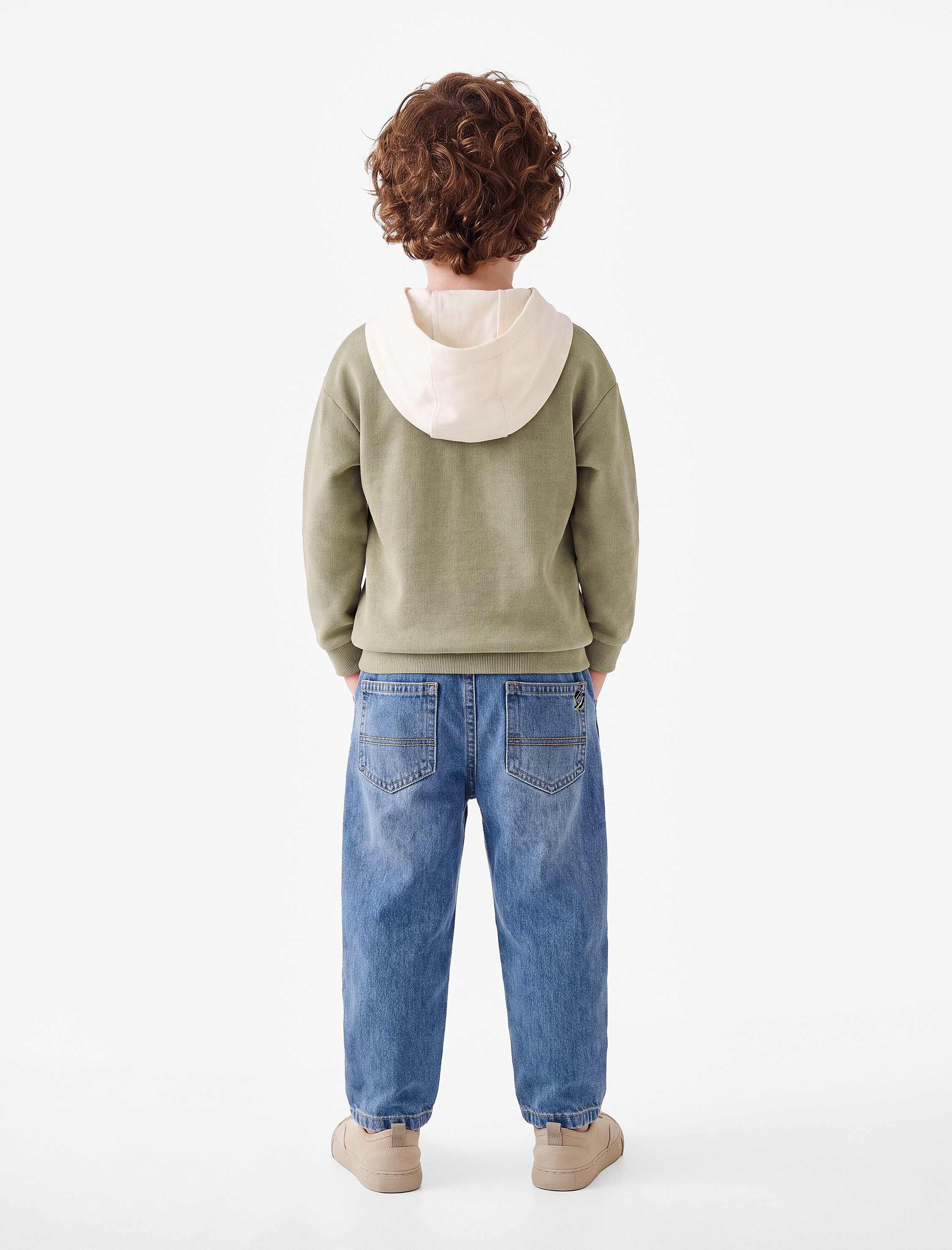  Erkek Bebek Kapaklı Cepli Pamuklu Bisiklet Yaka Uzun Kollu Kapşonlu Sweatshirt