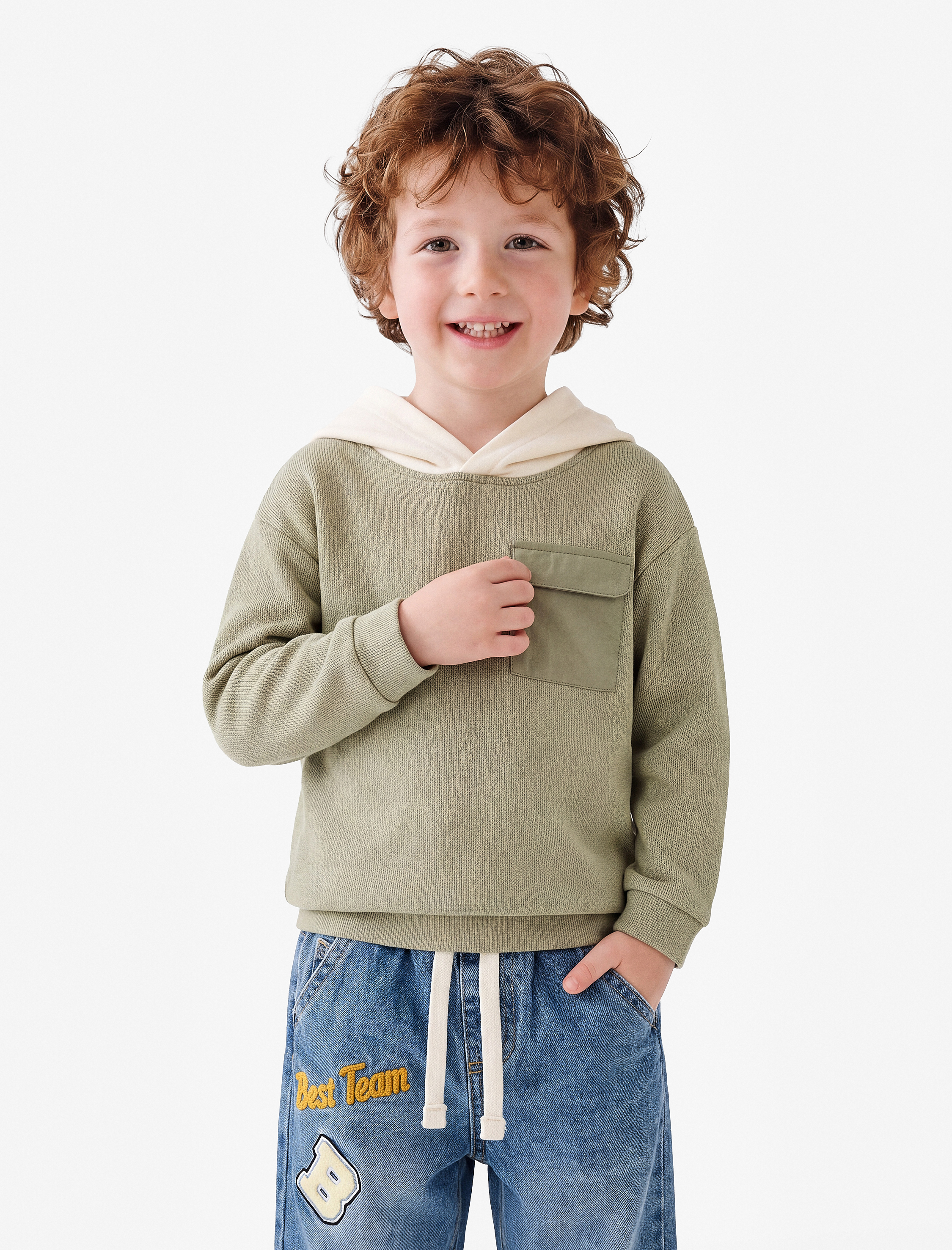  Erkek Bebek Kapaklı Cepli Pamuklu Bisiklet Yaka Uzun Kollu Kapşonlu Sweatshirt