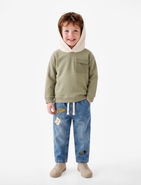 Kapaklı Cepli Pamuklu Bisiklet Yaka Uzun Kollu Kapşonlu Sweatshirt