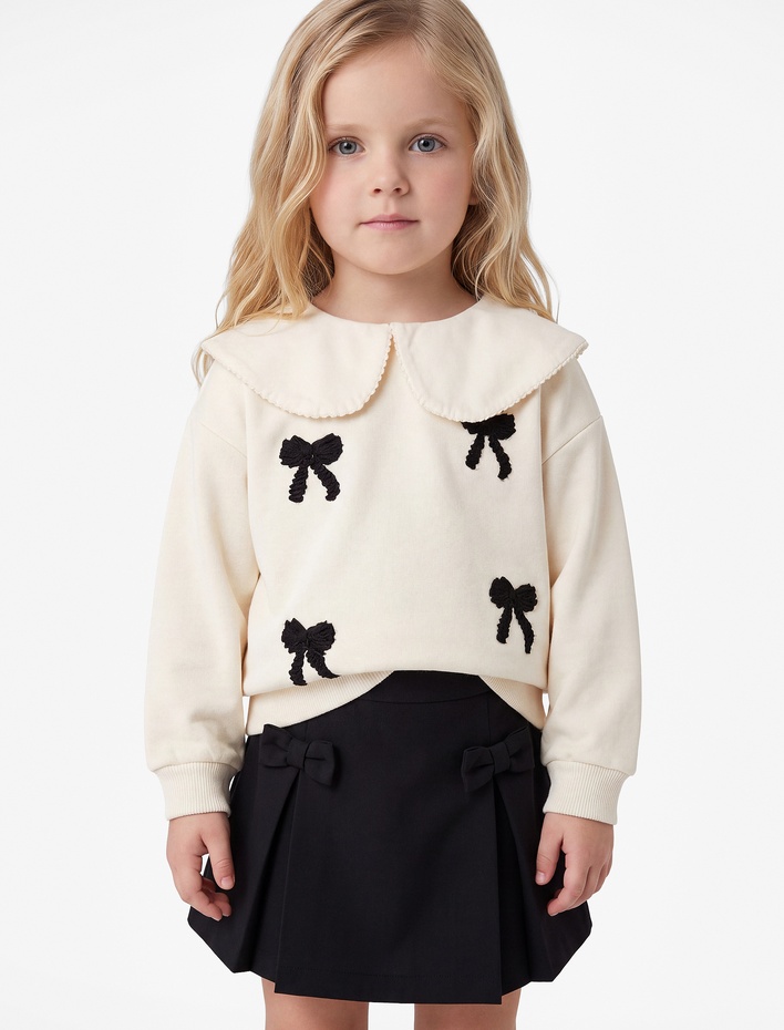 Kız Bebek Fiyonklu Pamuklu Şardonlu Uzun Kollu Bebe Yaka Sweatshirt