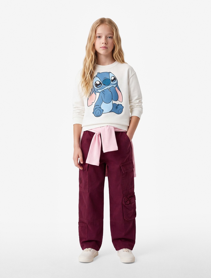 Kız Çocuk Stitch Baskılı Şardonlu Uzun Kollu Bisiklet Yaka Lisanslı Sweatshirt
