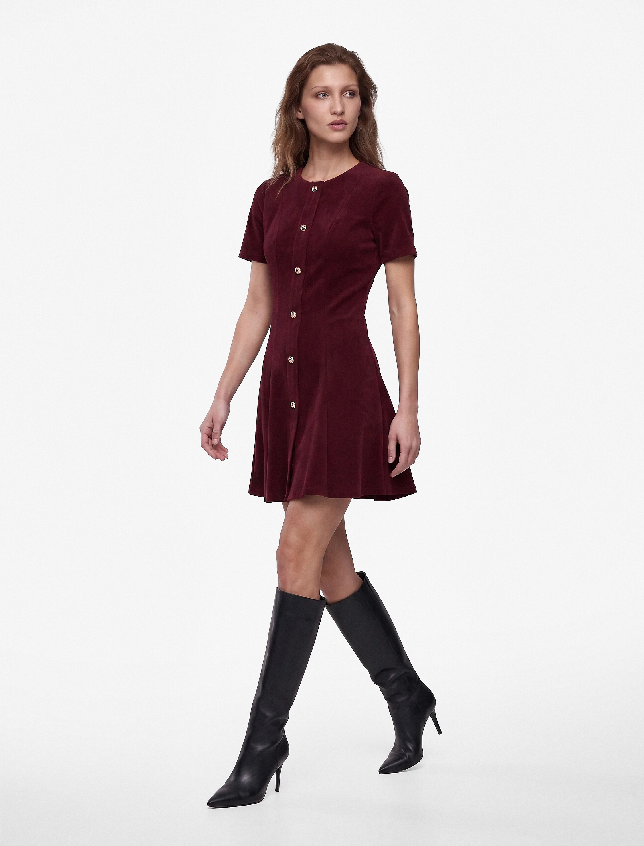   Slim Fit Bisiklet Yaka Kısa Kollu Süs Düğmeli Mini Elbise
