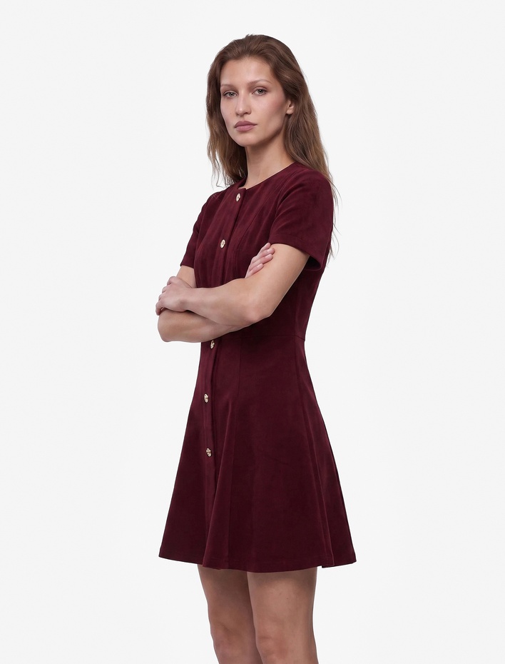  Slim Fit Bisiklet Yaka Kısa Kollu Süs Düğmeli Mini Elbise