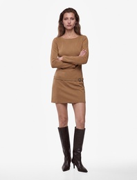 Slim Fit Uzun Kollu Sırt Detaylı Kemerli Kayık Yaka Düşük Bel Mini Elbise