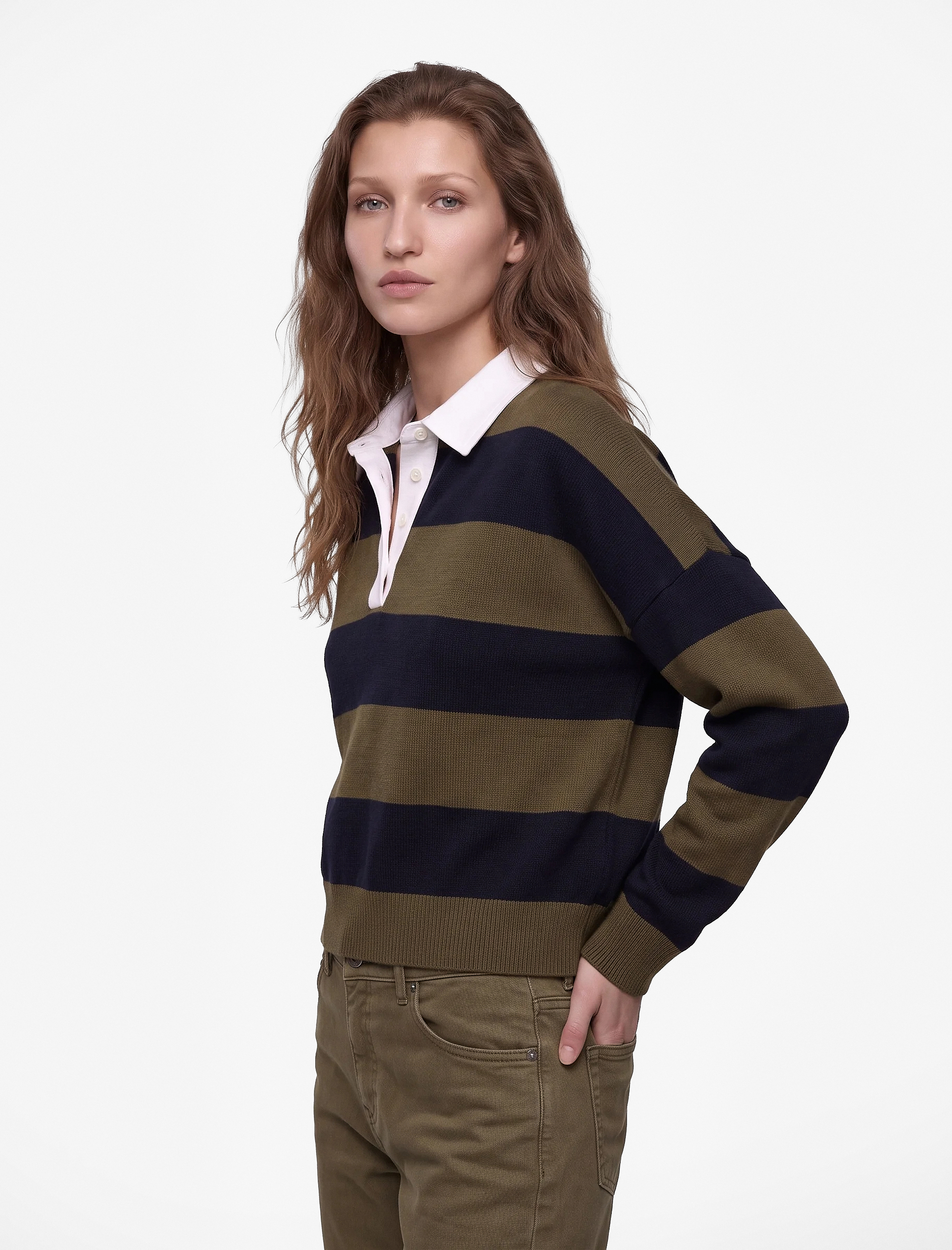 Koton Regular Fit Uzun Kollu Polo Yaka Çizgili Triko Kazak