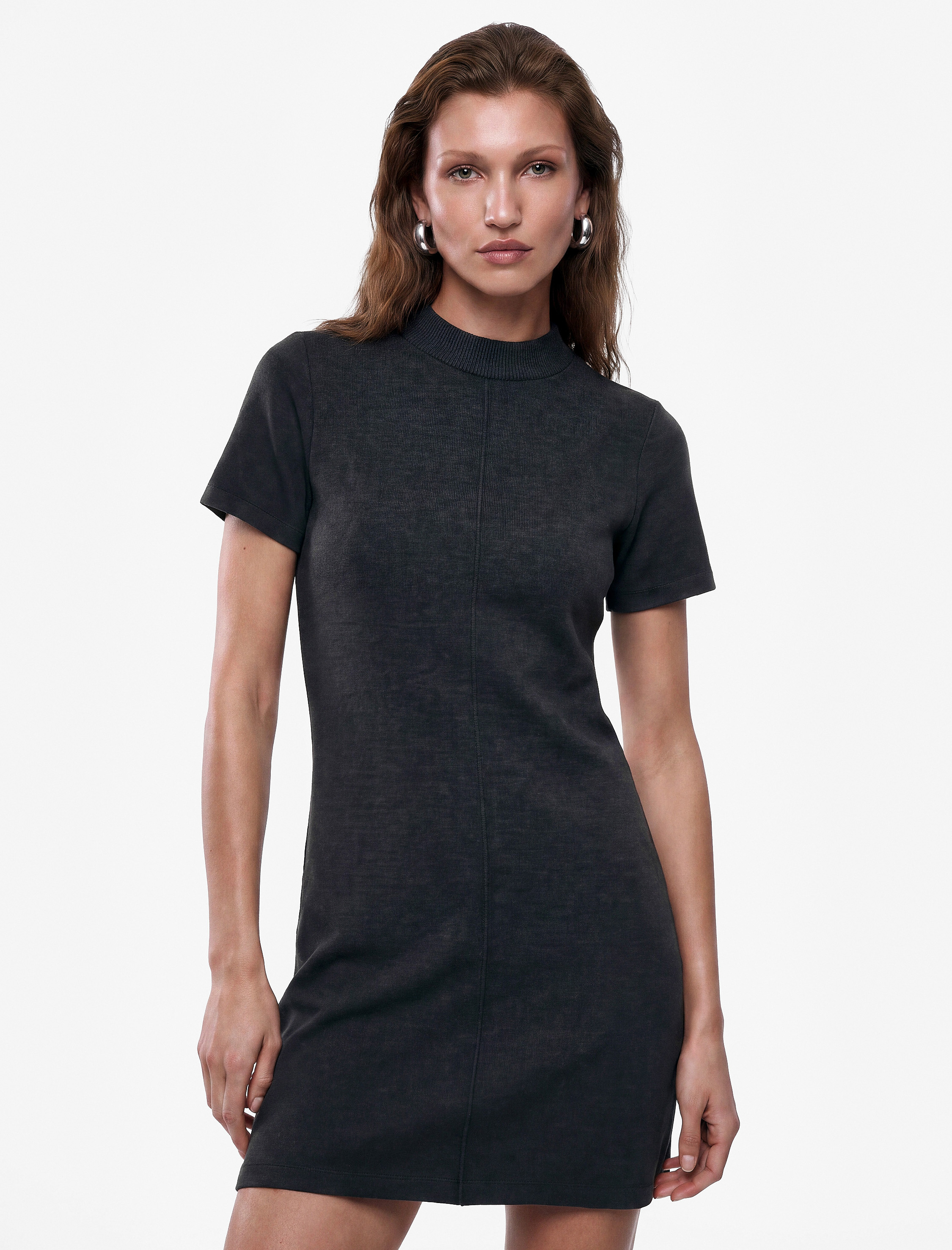 Koton Nervürlü Slim Fit Dik Yaka Kısa Kollu Mini Elbise görsel 3