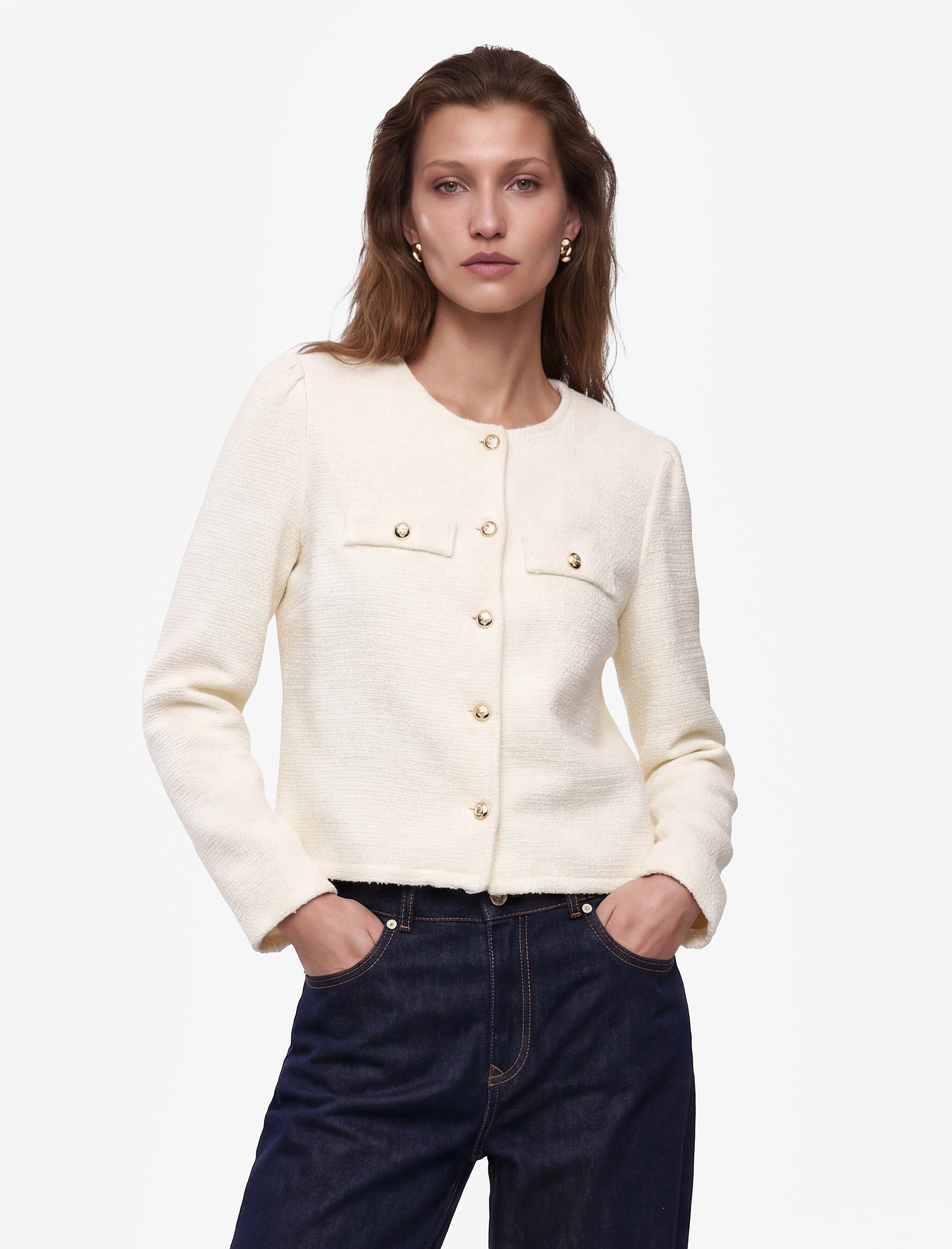   Slim Fit Uzun Kollu Aplike Detaylı Bisiklet Yaka Mücevher Düğmeli Dokulu Hırka