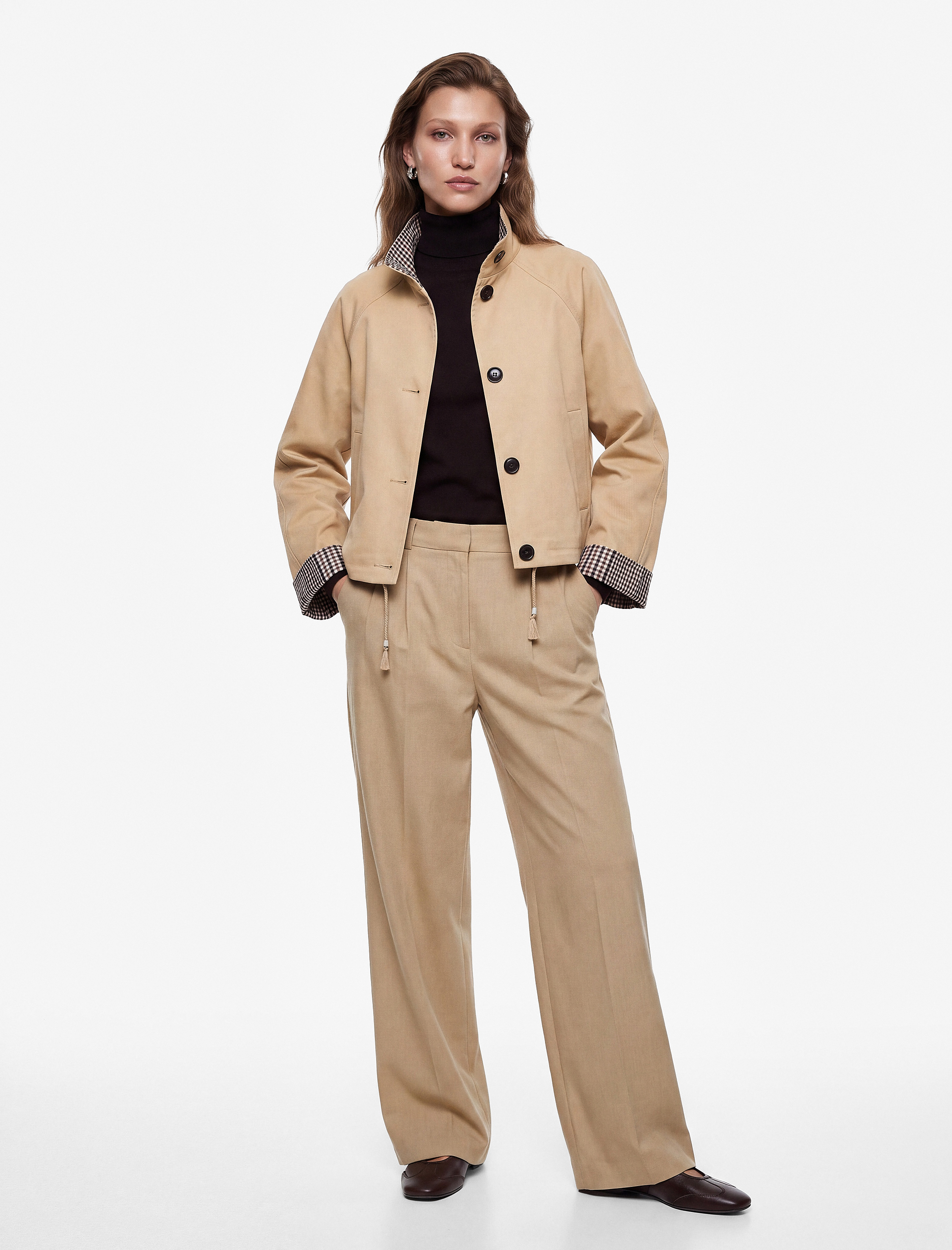 Koton Uzun Kollu Düğmeli Ekose Astarlı Oversize Gabardin Dik Yaka Kısa Trençkot